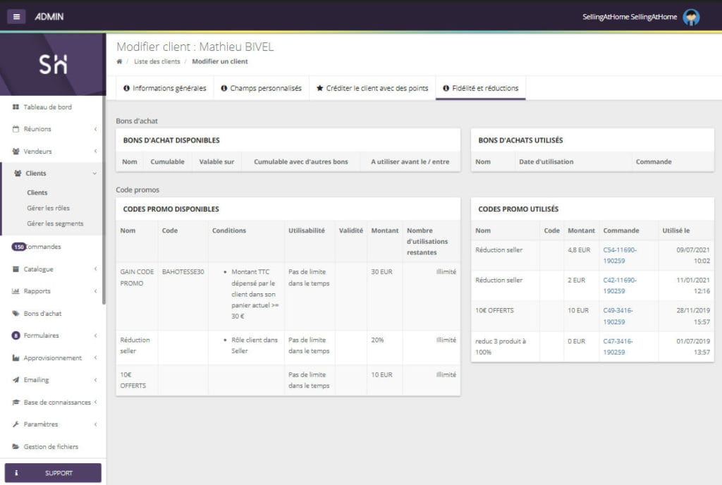 Bons d’achat et codes promo d’une cliente