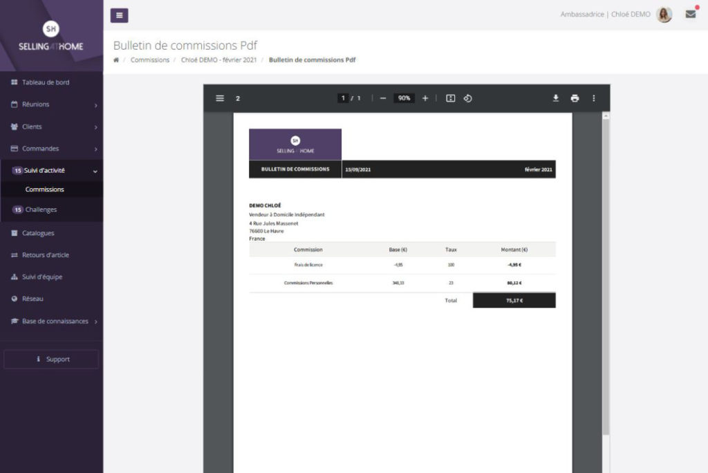 Bulletins PDF commissions et précompte automatiquement généré et téléchargeable par le vendeur