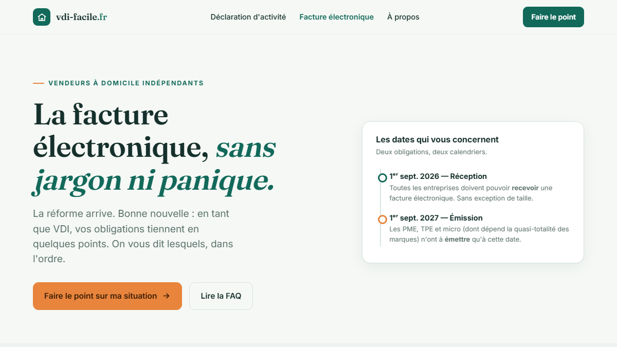 Guide de la facture électronique sur vdi-facile.fr, avec les dates de réception et d'émission